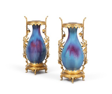 View full screen - View 1 of Lot 115. A pair of gilt bronze and porcelain vases, attributed to Edouard Lièvre (1826-1886), third quarter 19th century | Paire de vases et montures en bronze doré, attribué à Edouard Lièvre (1826-1886), troisième quart du XIXeme siècle.