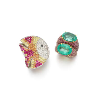 View full screen - View 1 of Lot 162. Anello Pesce M. Della Valle e anello zaffiri rosa e berilli.