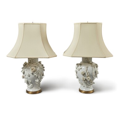 View full screen - View 1 of Lot 238. An Assembled Pair of Continental White Porcelain Baluster Vases Mounted as Lamps.