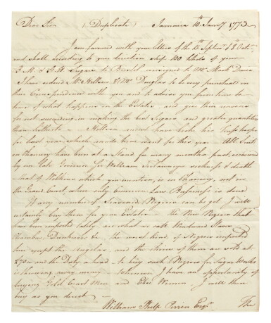 View full screen - View 1 of Lot 130. Caribbean History | A collection of three letters, 1773-1831.