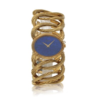 View full screen - View 1 of Lot 465. Ref. 9852 D65 Yellow gold wristwatch with lapis lazuli dial Circa 1970.