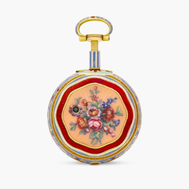 View full screen - View 1 of Lot 2303. A yellow gold and enamel triple cased quarter repeating verge keywound watch with chain and fusée, Made for the Turkish market, Circa 1814.