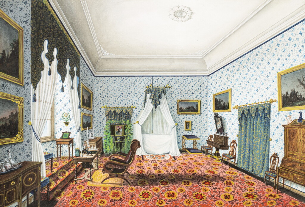 View full screen - View 1 of Lot 246. E. HACKERT | A blue bedroom with mousseline covered bed at the Château de Sagan | Chambre bleue au lit de mousseline du château de Sagan.