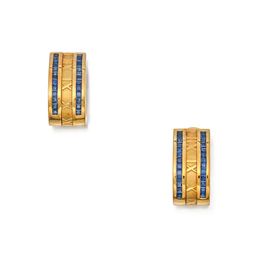 View full screen - View 1 of Lot 100. Pair of Gold and Sapphire 'Atlas' Earclips.