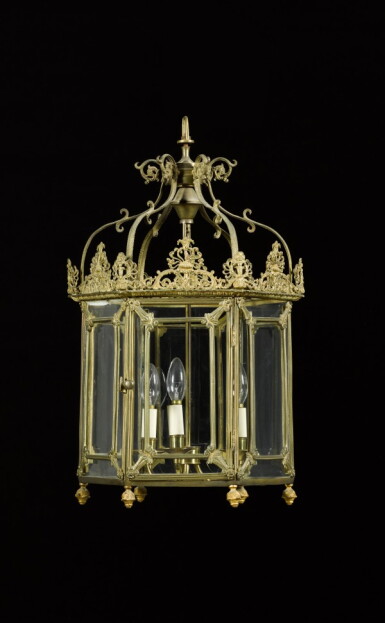 View full screen - View 1 of Lot 80. A Regency style hexagonal brass hall lantern, late 19th century, in the manner of William Collins.