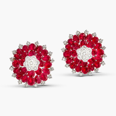 View full screen - View 1 of Lot 1471. Pair of Ruby and Diamond Double Clip Brooches | 紅寶石 配 鑽石 胸針一對.