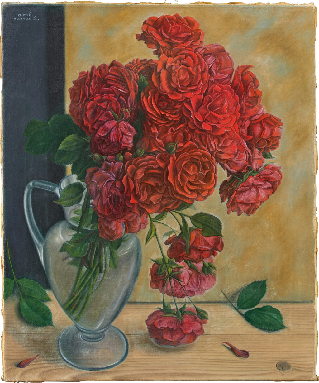 View full screen - View 1 of Lot 89. Blumenstillleben mit roten Rosen und Glasvase.