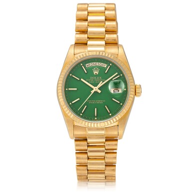 View full screen - View 1 of Lot 54. 'Stella' Day-Date, Ref. 18038 Yellow gold wristwatch with day, date, bracelet and green 'stella' dial Circa 1988 | 勞力士18038型號「'Stella' Day-Date」黃金鍊帶腕錶備星期、日期顯示及綠色 Stella 錶盤,年份約1988.