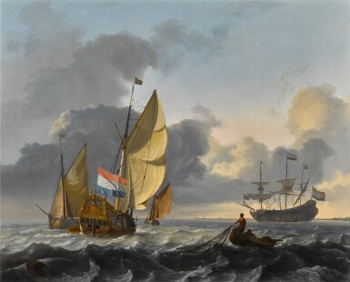 View full screen - View 1 of Lot 72. A view of the Texel, with two fishermen hauling in their nets, a yacht of the admiralty of Amsterdam and a man-o'-war beyond.