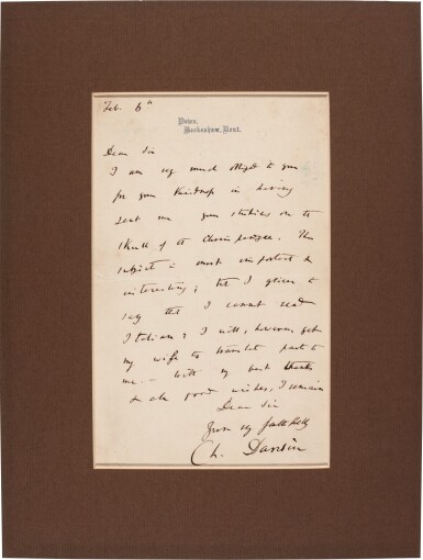 View full screen - View 1 of Lot 14. Charles Darwin | Autograph letter signed, to Enrico Giglioli, on his research into chimpanzees, 1873.