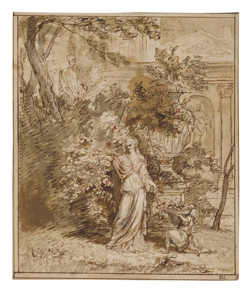 View full screen - View 1 of Lot 614. GÉRARD DE LAIRESSE | A CLASSICALLY DRESSED WOMAN IN A GARDEN.
