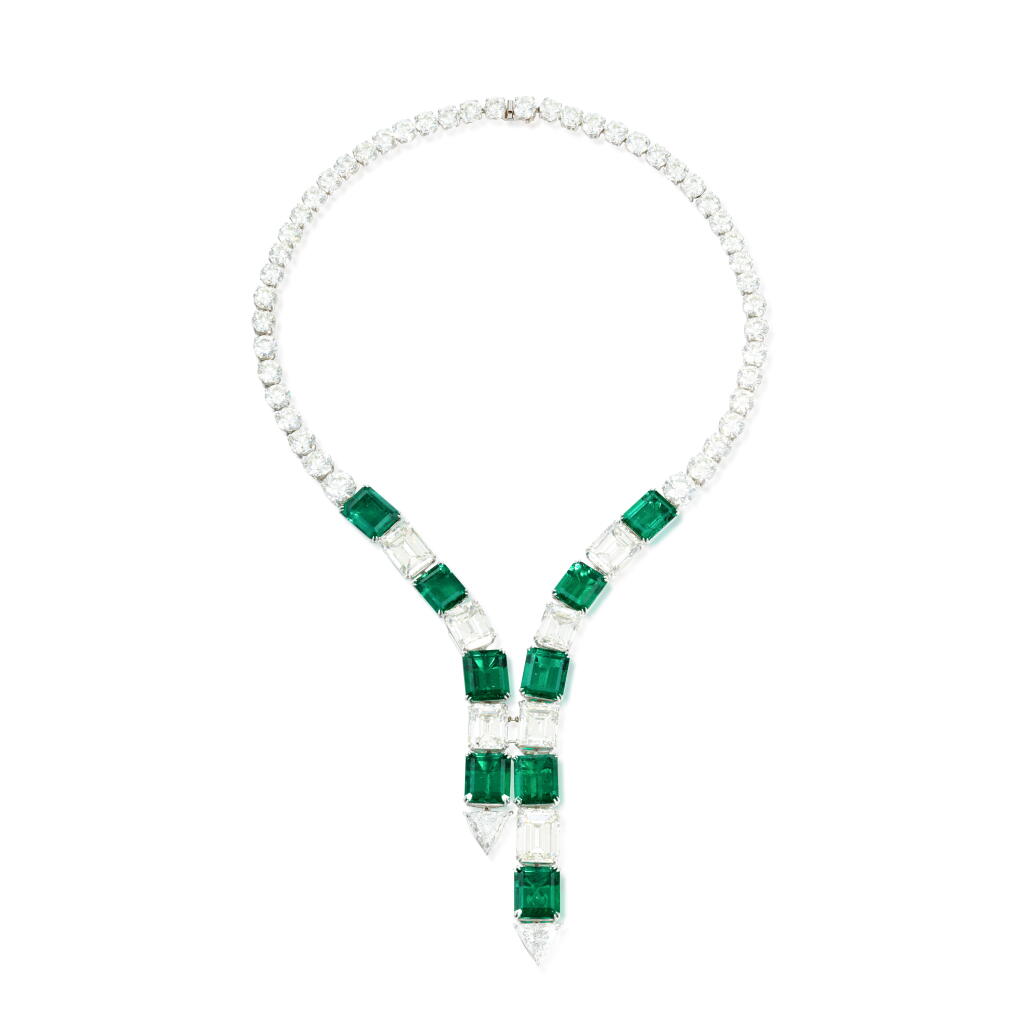 View full screen - View 1 of Lot 659. Exquisite emerald and diamond necklace.
