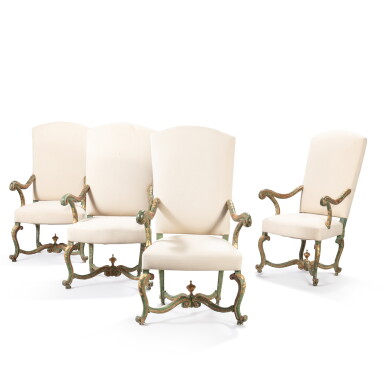 View full screen - View 1 of Lot 56. A set of four Italian green and gold lacquered wood armchairs, Venice, late 17th century.