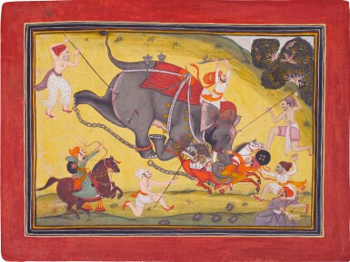 View full screen - View 1 of Lot 156. An elephant on a rampage, India, Rajasthan, Bundi, circa 1750.