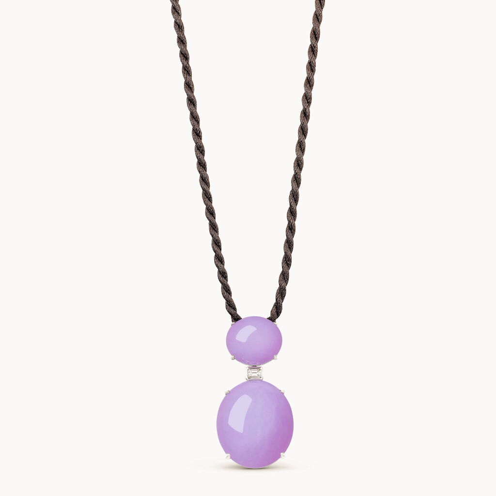 View full screen - View 1 of Lot 1643. Lavender Jadeite and Diamond Pendent Necklace | 天然紫色翡翠 配 鑽石 項鏈.