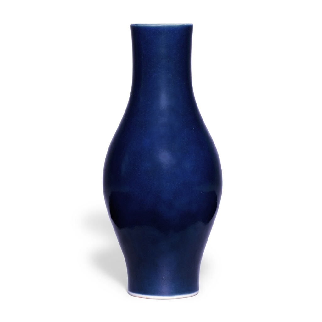 View full screen - View 1 of Lot 6. A small blue-glazed olive-form vase, Qing dynasty, 19th century.