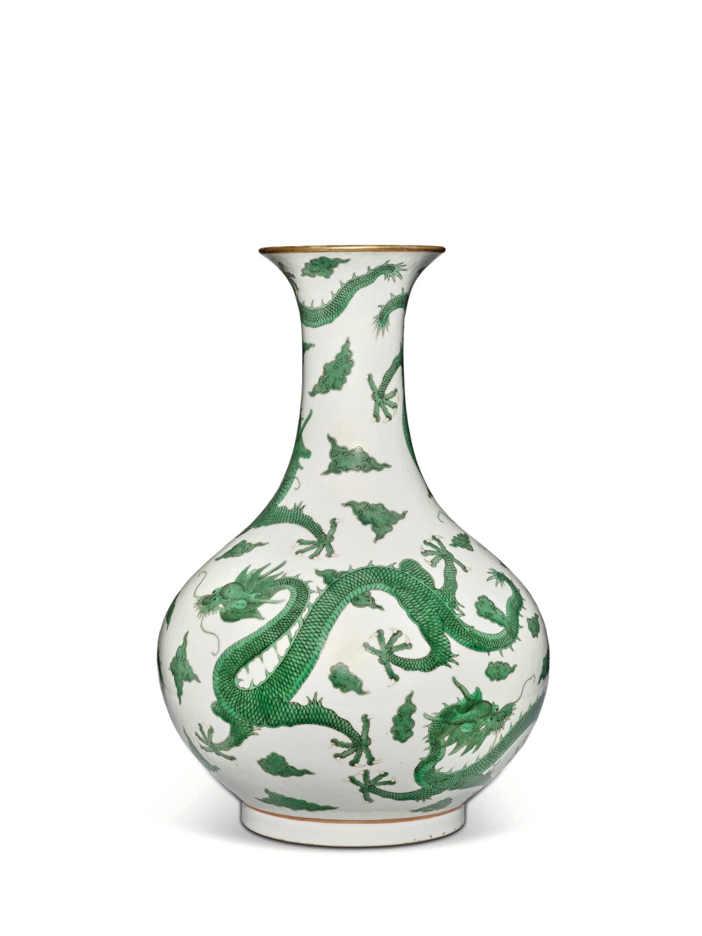 View full screen - View 1 of Lot 362. A very rare green-enameled 'dragon' bottle vase, Seal mark and period of Daoguang | 清道光 綠彩五龍戲珠紋長頸瓶 《大清道光年製》款.