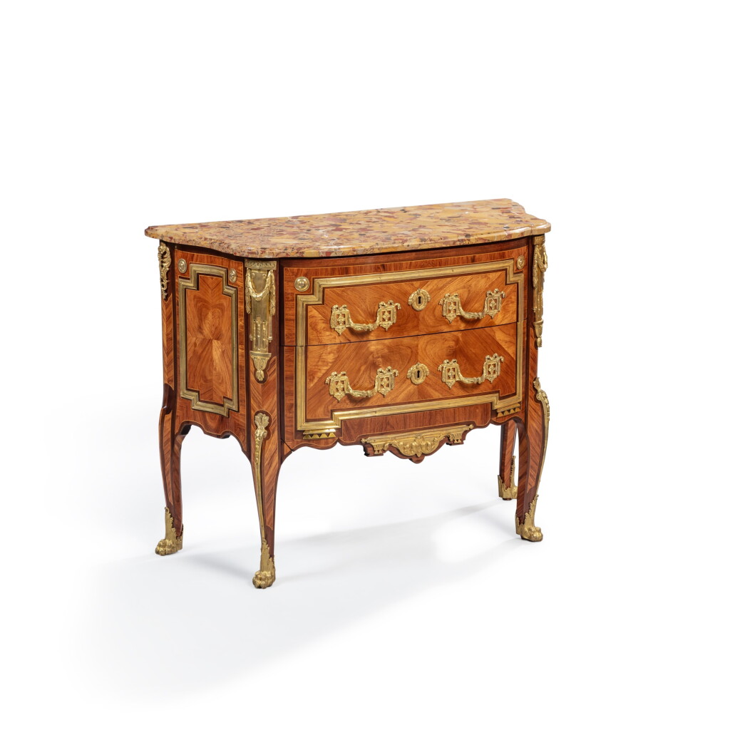 View full screen - View 1 of Lot 93. A late Louis XV gilt-bronze mounted kingwood, tulipwood and amaranth veneered commode, circa 1765-1770, stamped by Jacques-Laurent Cosson.