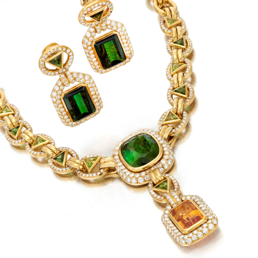 View full screen - View 1 of Lot 215. Tourmaline and diamond necklace and pair of earrings (Collana e paio di orecchini con tormaline e diamanti).