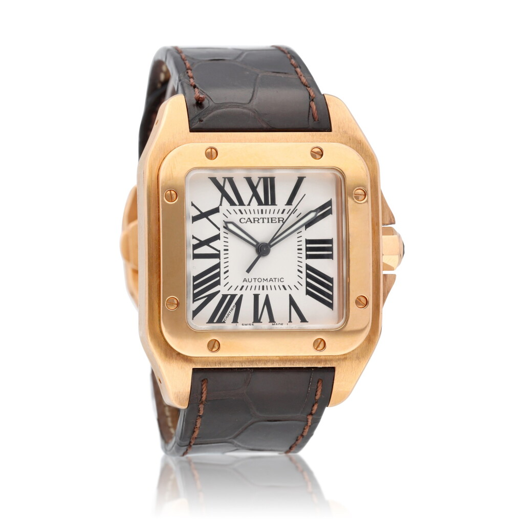 View full screen - View 1 of Lot 16. Santos 100 Reference 2792 A pink gold automatic wristwatch, Circa 2006.
