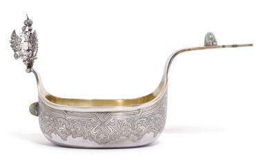 View full screen - View 1 of Lot 244. A Russian gem-set and silver-gilt kovsh, Grachev Brothers, St Petersburg, circa 1890.