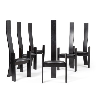View full screen - View 1 of Lot 545. Six Golem chairs, designed in 1960s | Sechs Golem Stühle aus lackiertem Holz und Leder, Entwurf von 1960.