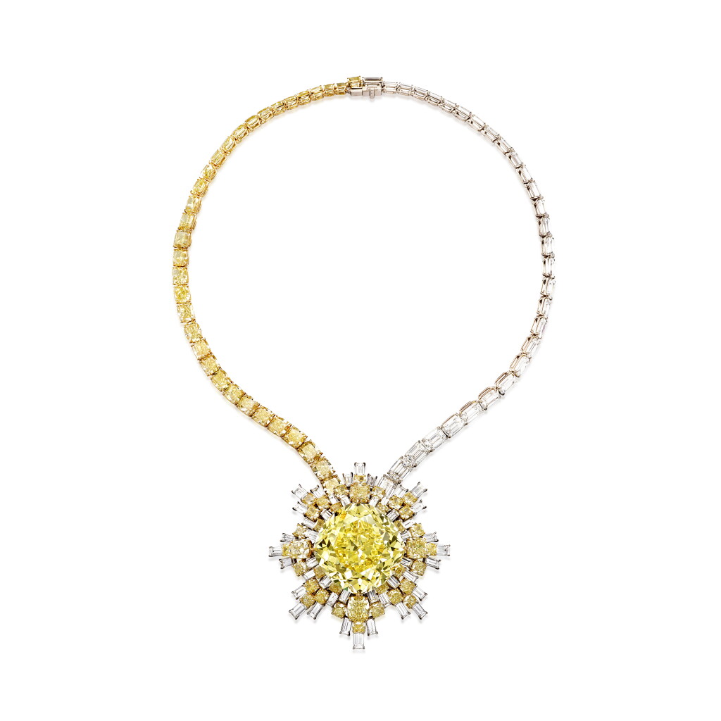 View full screen - View 1 of Lot 87. A Magnificent Fancy Vivid Yellow Diamond and Diamond Pendent Necklace | 超凡至尊【軒轅之星】艷彩黃色鑽石配鑽石項鏈.