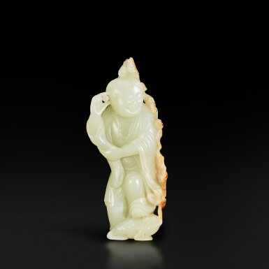 View full screen - View 1 of Lot 3682. A white and russet jade 'Liu Hai and toad' group, Qing dynasty, 18th century | 清十八世紀 白玉劉海戲蟾.