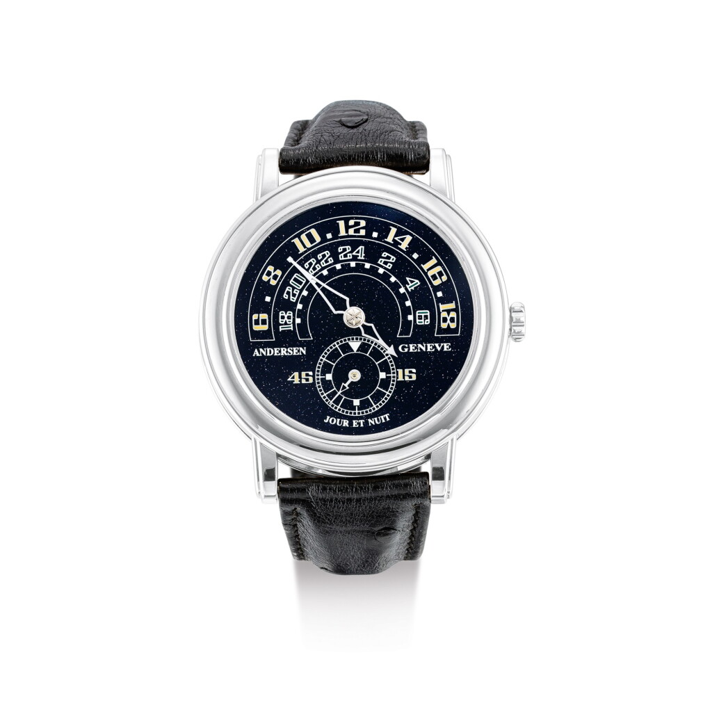 View full screen - View 1 of Lot 2063. ANDERSEN GENEVE | GRANDE JOUR ET NUIT, A LIMITED EDITION WHITE GOLD WRISTWATCH WITH 24 HOUR SCALE INDICATION AND AVENTURINE DIAL, CIRCA 2014 | "Grande Jour Et Nuit 限量版白金腕錶,備24小時刻度顯示及冬陵石錶盤,錶殼編號03/20,約2014年製".
