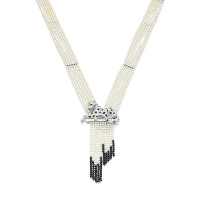 View full screen - View 1 of Lot 565. Onyx, emerald, seed pearl and diamond necklace/brooch combination, ‘Panthère’.