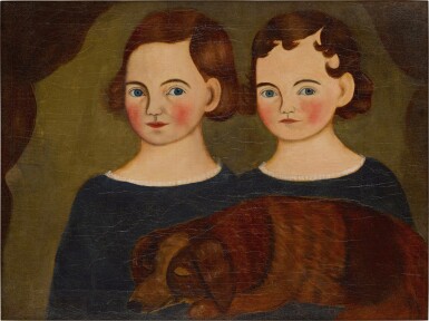 View full screen - View 1 of Lot 1539. Double Portrait: Sisters with a Sleeping Brown Dog.