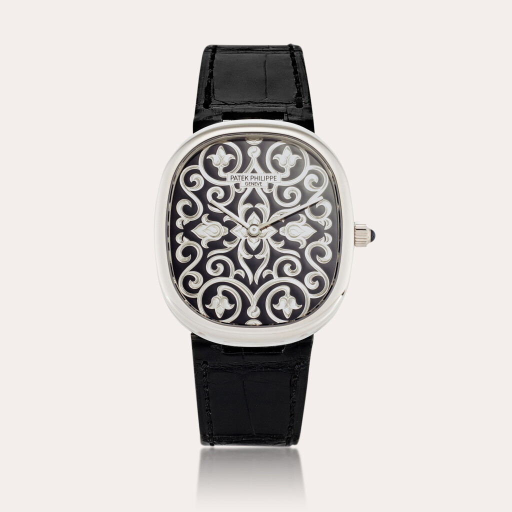 View full screen - View 1 of Lot 207. Reference 5738/51G-001 Ellipse 'Rare Handcrafts' | A white gold wristwatch with hand-engraved black enamel dial, Circa 2022.