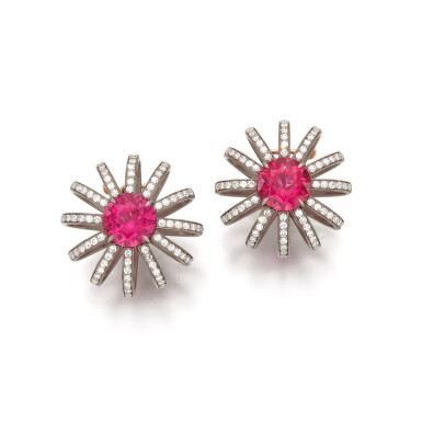 View full screen - View 1 of Lot 964. Pair of pink tourmaline and diamond earrings.