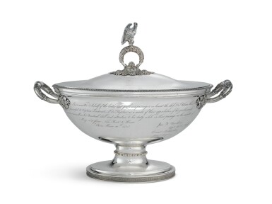 View full screen - View 1 of Lot 411. A French Silver Covered Tureen with de Peyster Presentation, Désiré-Toussaint Legrand, Paris, dated 1830.