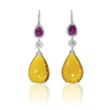 View full screen - View 1 of Lot 43. Pair of ruby, opal and diamond pendent earrings.