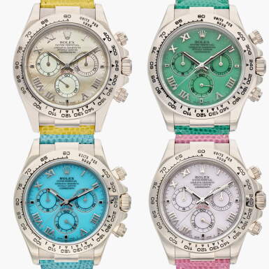 View full screen - View 1 of Lot 121. Reference 116519 ‘Beach’ Daytona | A set of four white gold automatic chronograph wristwatches with mother-of-pearl and chalcedony dials, Circa 2000.
