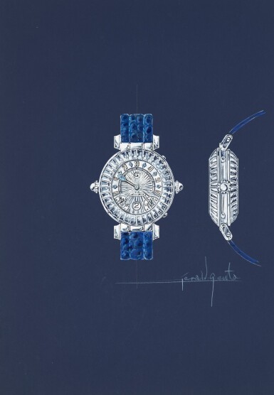 View full screen - View 1 of Lot 16. An original prototype design of a gem-set grand complication wristwatch, painted by Gérald Genta, with accompanying NFT, Circa 1994 | 傑洛・尊達 一幅鑲寶石 Grand Complication 腕錶原型設計圖,由傑洛・尊達繪製並附帶 NFT 証書,約1994年製.