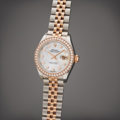 View full screen - View 1 of Lot 95. Reference 279381RBR Datejust | A stainless steel pink gold and diamond-set wristwatch with date, bracelet, and mother-of-pearl dial, Circa 2017 | 勞力士 型號 279381RBR Datejust 精鋼、粉紅金及鑽石鍊帶腕錶備日期顯示,配珠母貝錶盤,製作年份約 2017.