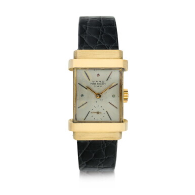 View full screen - View 1 of Lot 71. Reference 1450 'Top Hat' Retailed By Raymond Yard: A pink gold rectangular wristwatch, Made in 1948.