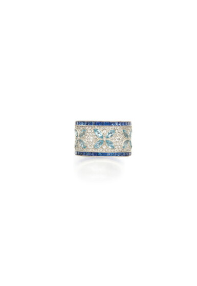 View full screen - View 1 of Lot 28. DIAMOND, AQUAMARINE AND SAPPHIRE 'VICTORIA' RING, TIFFANY & CO..