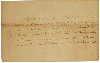 View full screen - View 1 of Lot 2122. Jefferson, Thomas. Autograph letter signed, to Thomas Worthington, ca. 31 January 1807.