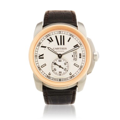 View full screen - View 1 of Lot 259. Reference 3299 Calibre de Cartier | A stainless steel and pink gold automatic wristwatch with date, Circa 2015.