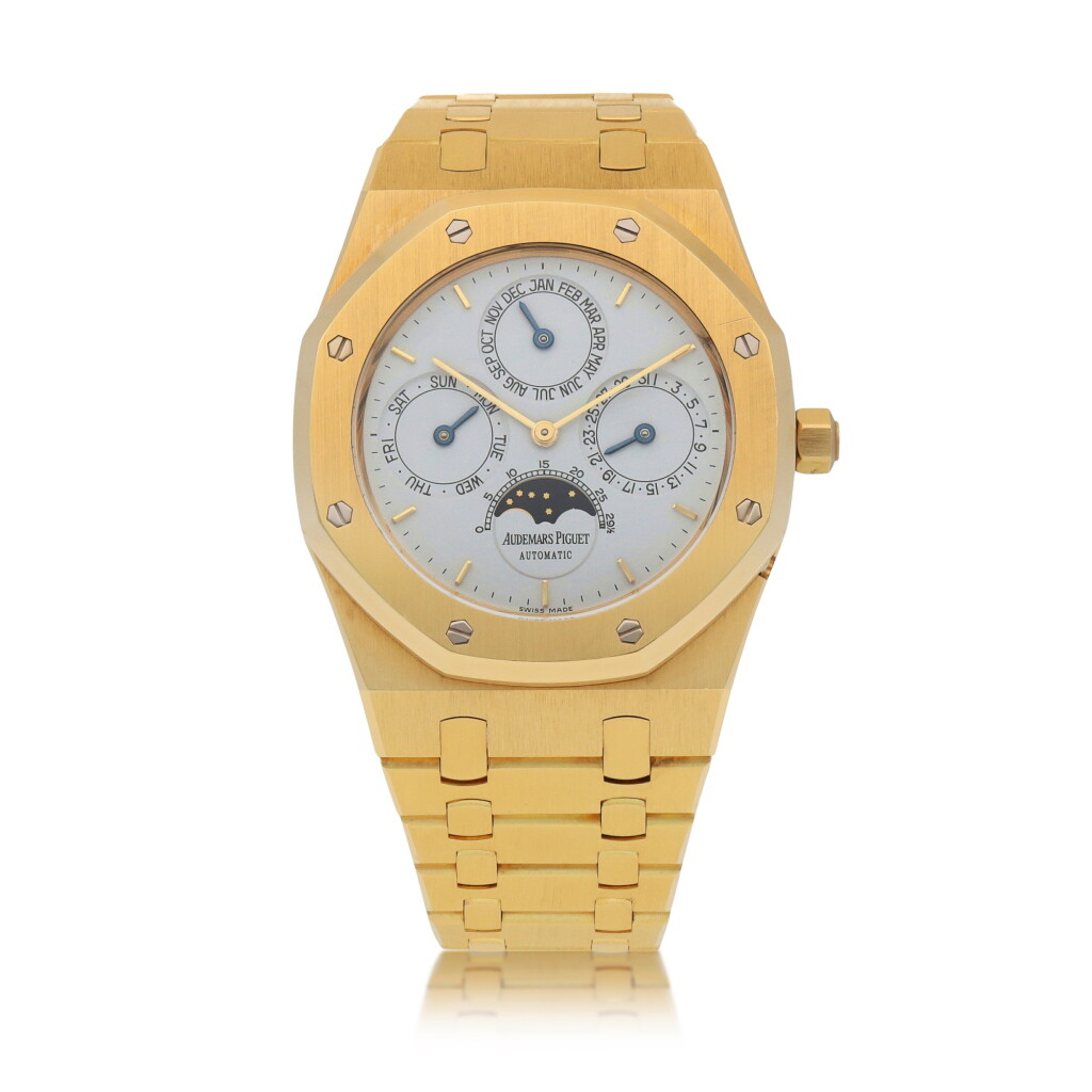 View full screen - View 1 of Lot 15. Royal Oak, Ref. 25654BA Yellow gold perpetual calendar wristwatch with moon phases and bracelet Circa 1996 | 25654BA型號「Royal Oak」黃金萬年曆鍊帶腕錶備月相顯示,年份約1996.