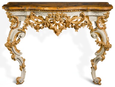 View full screen - View 1 of Lot 173. A GEORGE II GREY PAINTED AND PARCEL-GILT CONSOLE TABLE, CIRCA 1755, IN THE MANNER OF PAUL SAUNDERS.