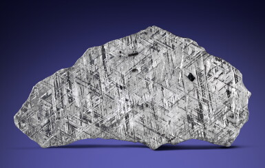 View full screen - View 1 of Lot 109. Gibeon Meteorite — Complete Slice With Chromite Crystal.