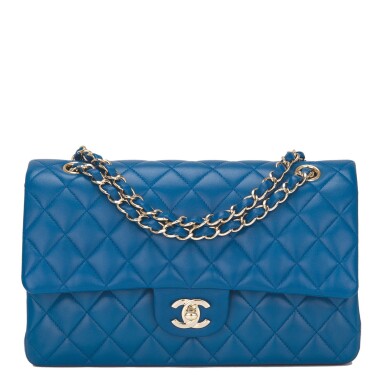 View full screen - View 1 of Lot 43. Chanel Blue Quilted Medium Classic Double Flap Bag of Lambskin Leather with Light Gold Tone Hardware.