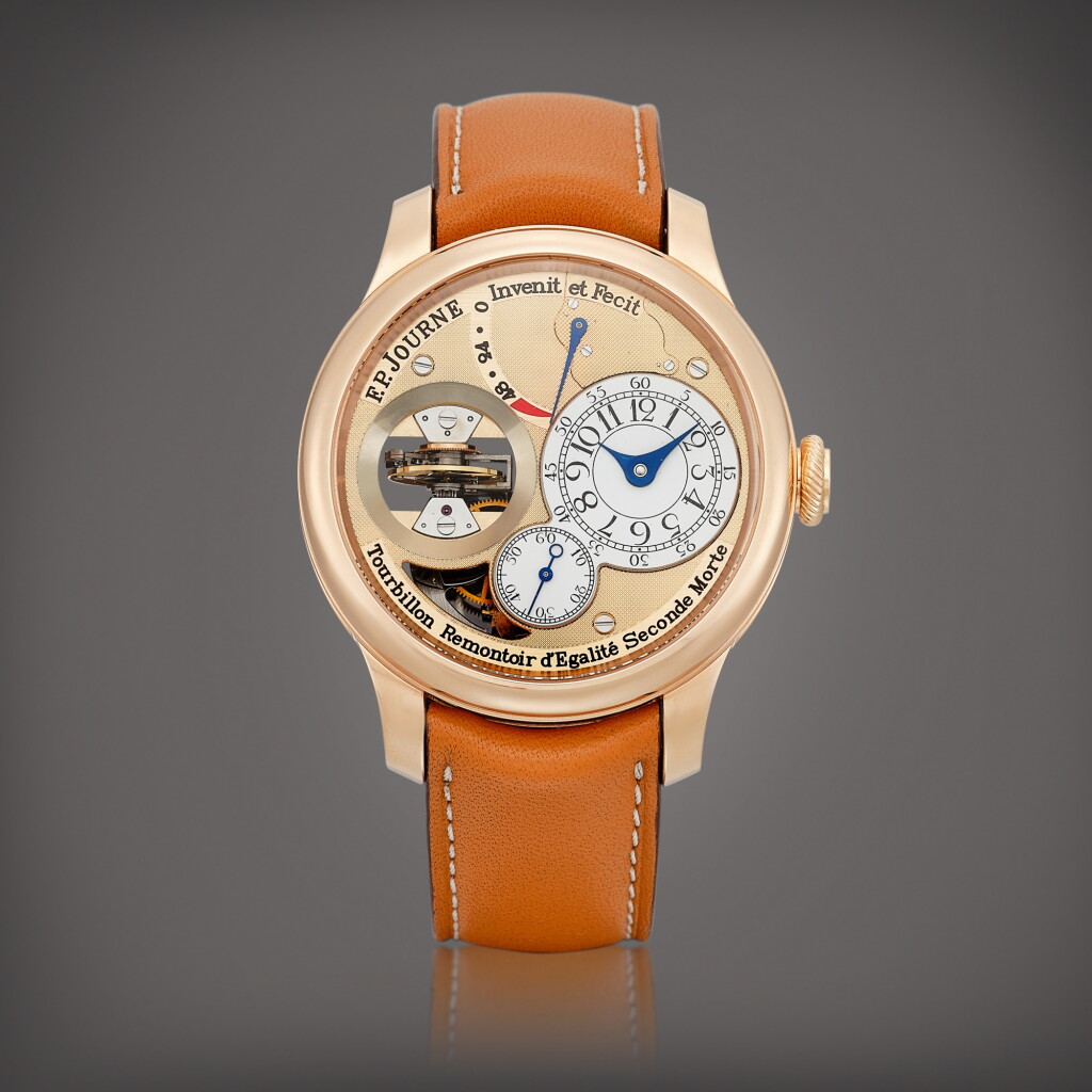 View full screen - View 1 of Lot 2305. Tourbillon Souverain Vertical | A pink gold vertical tourbillon wristwatch with constant force remontoire, dead beat seconds, power reserve indication and enamel dial, Circa 2022 | F. P. Journe | TOURBILLON SOUVERAIN VERTICAL | 粉紅金垂直陀飛輪腕錶,備恆定動力裝置、跳秒、動力儲備顯示及琺瑯錶盤,約2022年製.