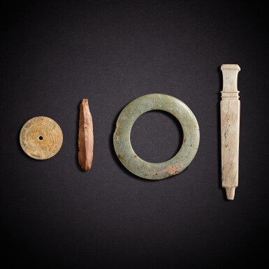 View full screen - View 1 of Lot 7837. Four jade and stone ornaments and tools, Neolithic period - Shang dynasty | 新石器時代至商 玉石器四件.