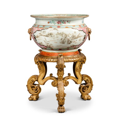 View full screen - View 1 of Lot 109. A Chinese Export Famille-Rose and Grisaille-Decorated 'Landscape' Fish Bowl, Qing Dynasty, Yongzheng Period | 清雍正 粉彩粉地墨彩開光山水圖大缸配漆金木座.