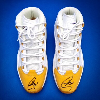 View full screen - View 1 of Lot 19. Stephen Curry 2025-2026 Christmas Day Tunnel Worn Dual-Signed Reebok Question Mid 'Yellow Toe' .